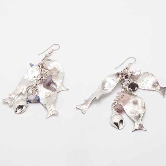 Vintage Sterling Silver Lapis Lazuli Amethyst Fish Dangle Earrings - Picture 2 of 6